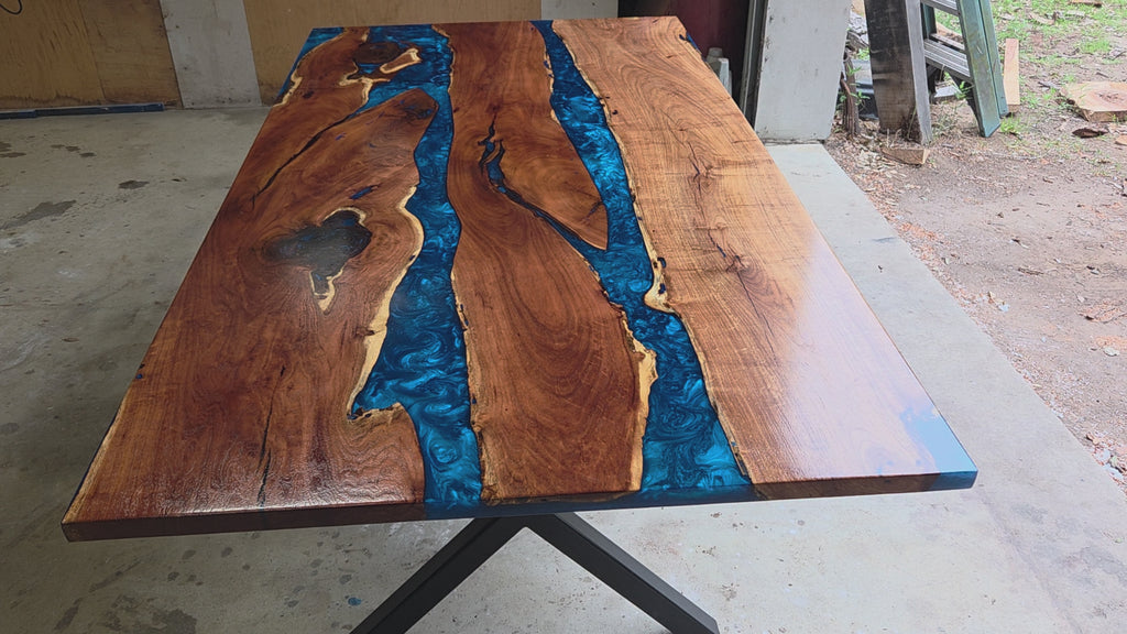 Mesquite River table with Ocean Blue Epoxy, metal X-style legs and semi-gloss finish