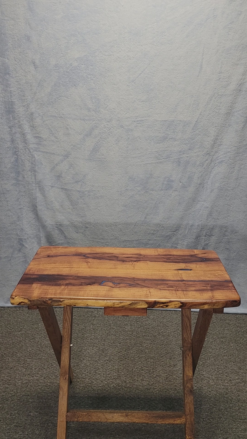 Mesquite live edge folding TV tray or table with blue epoxy fill and wooden folding legs