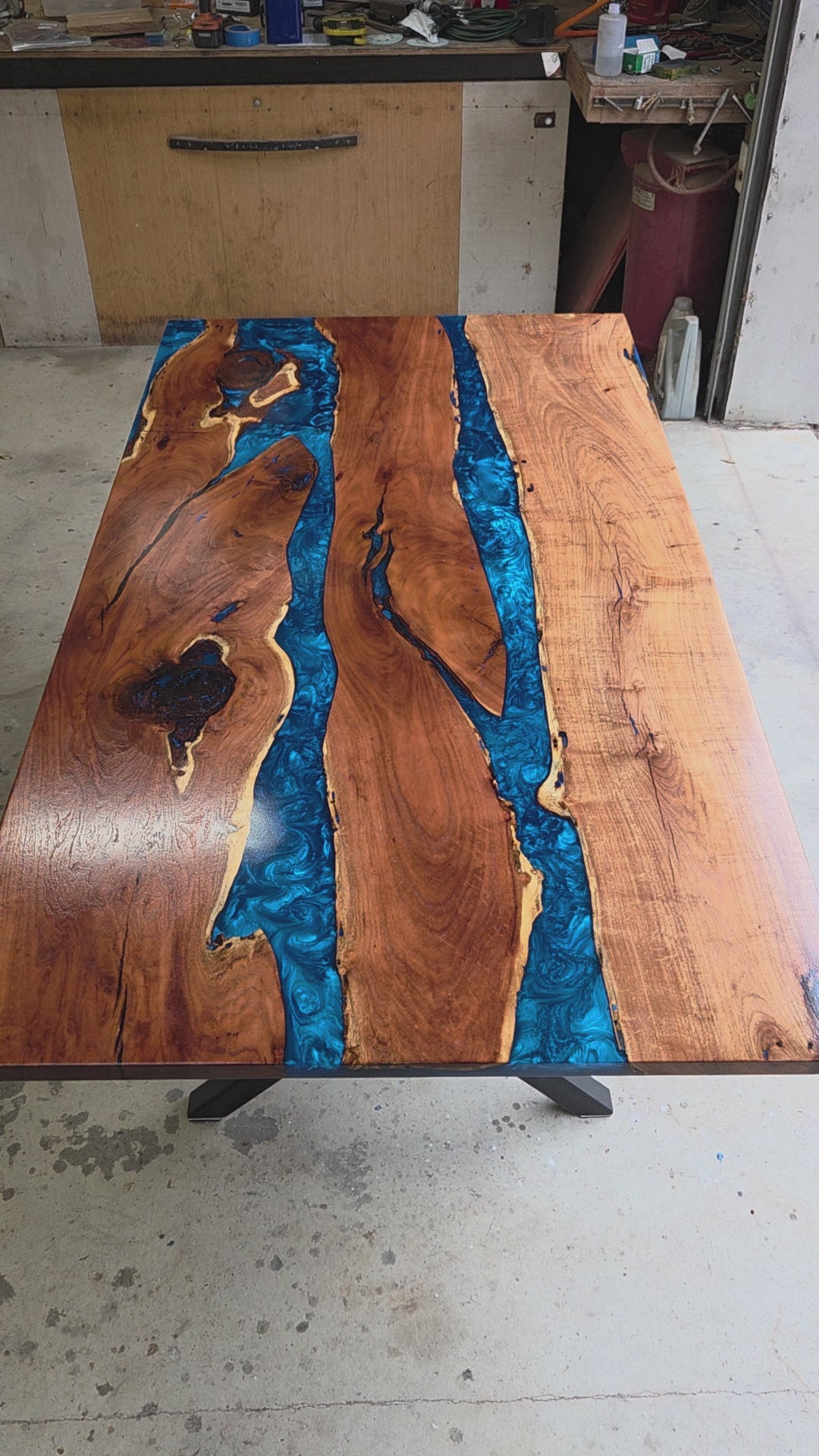 Mesquite River table with Ocean Blue Epoxy, metal X-style legs and semi-gloss finish